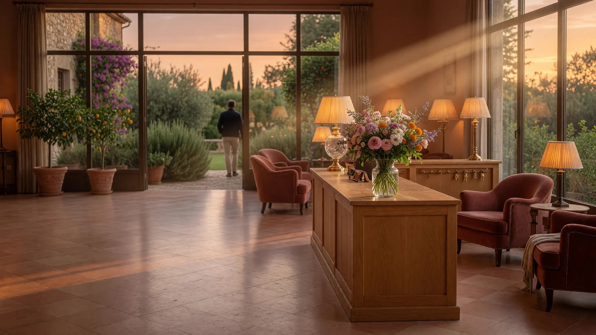 Hall di un hotel al tramonto, con un ospite che guarda il giardino oltre la vetrata