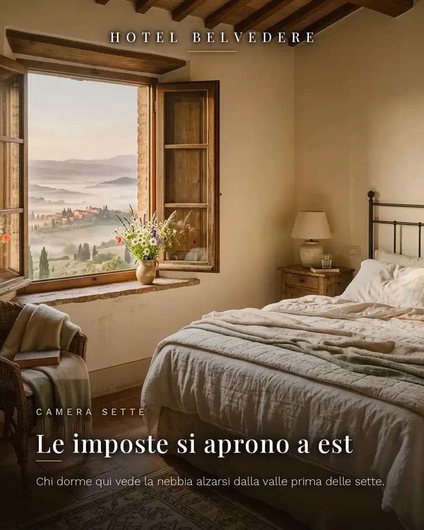 Post Instagram di esempio per un hotel: fotografia della struttura con caption generata dalla piattaforma