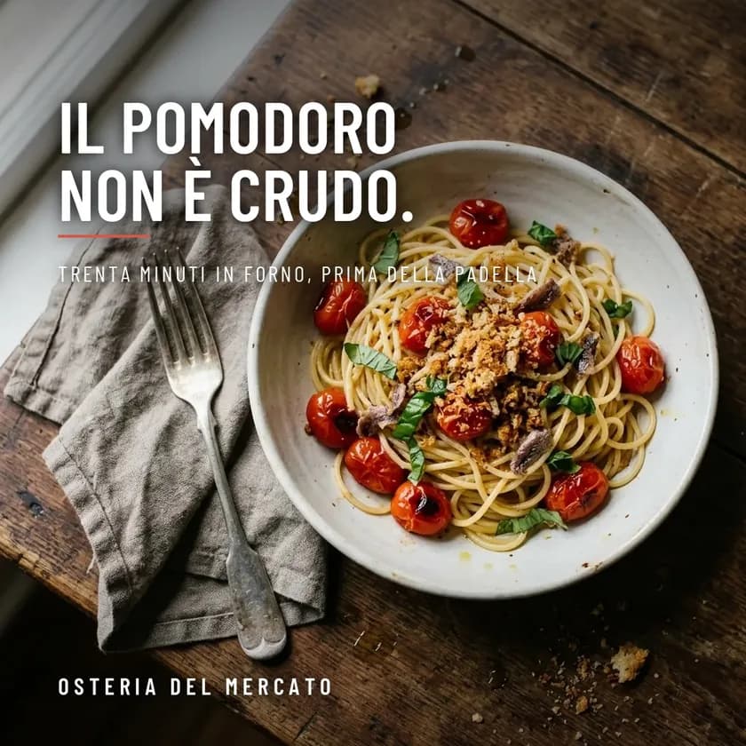 Post Instagram di esempio per un ristorante: fotografia di un piatto con caption generata dalla piattaforma